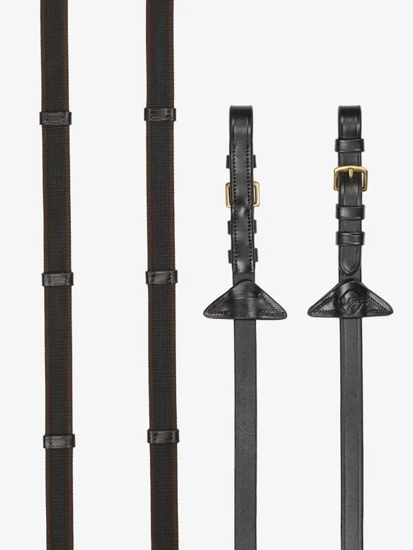 Pogumované protiskluzové otěže LeMieux Rubber Grip Continental Reins Brown/Brass Finální Výprodej